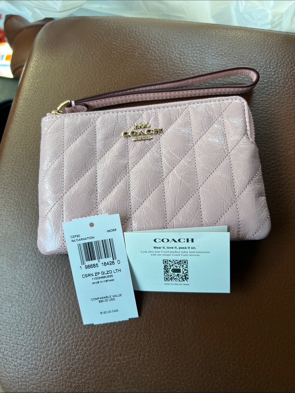 NWT Coach Corner Zip Wristlet with Quilting in Carnation Pink Crinkle Leather